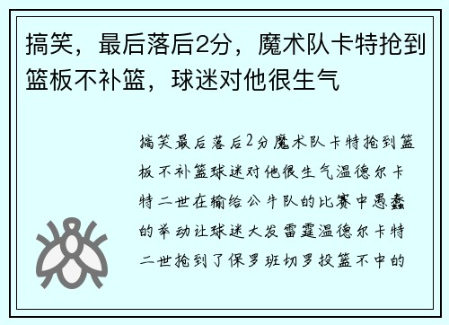 搞笑，最后落后2分，魔术队卡特抢到篮板不补篮，球迷对他很生气