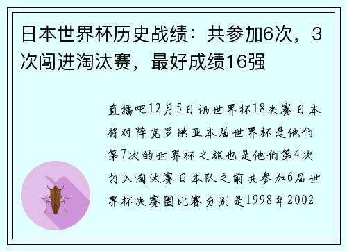 日本世界杯历史战绩：共参加6次，3次闯进淘汰赛，最好成绩16强