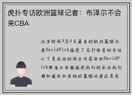 虎扑专访欧洲篮球记者：布泽尔不会来CBA